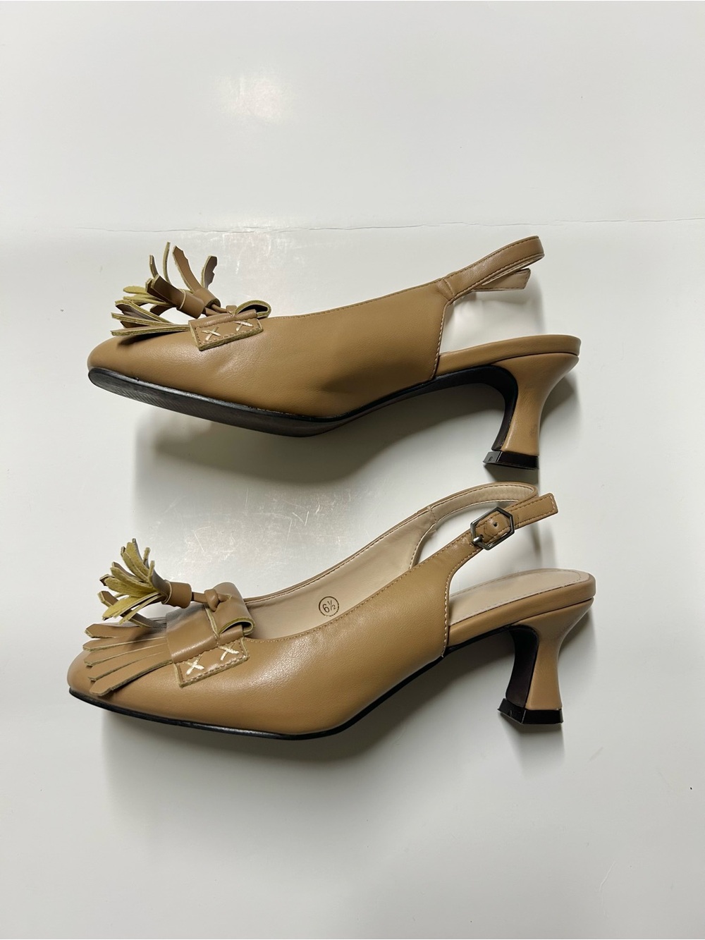ZBY Fringe-Trim Slingback Heels in Tan